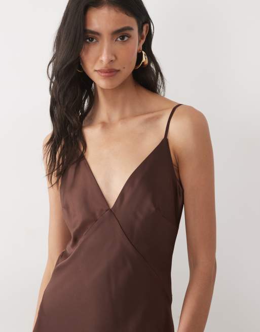 Wanderdoll Sadran satin cami mesh panel maxi dress in chocolate, 3 of 4