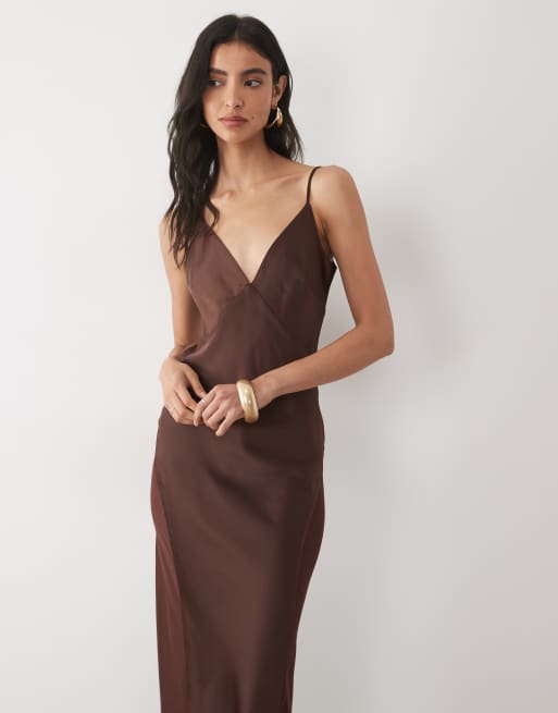 Wanderdoll Sadran satin cami mesh panel maxi dress in chocolate, 4 of 4