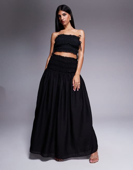 Wanderdoll - Saffie - Ensemble froncé en aspect lin avec jupe longue et top bandeau - Noir