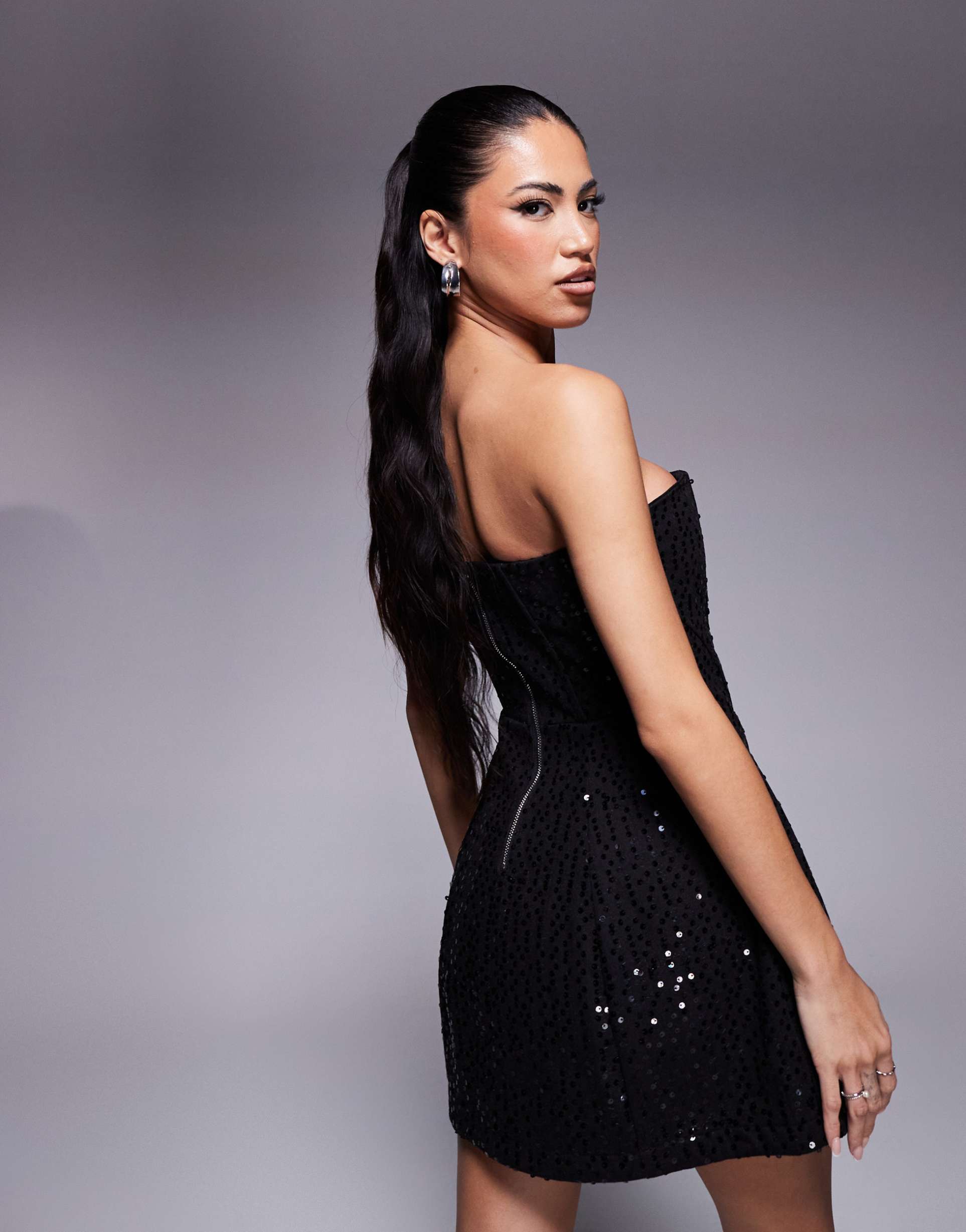 wanderdoll sequin bandeau corset mini dress in black