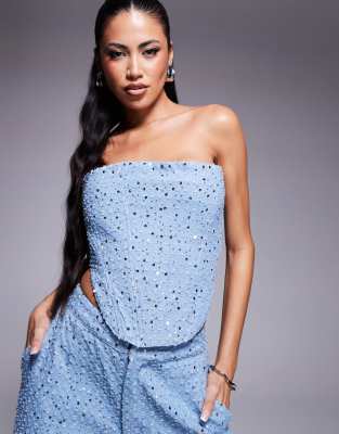 sequin bandeau structured corset top in blue - part of a set