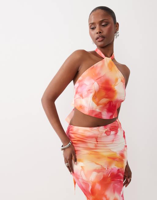 Wanderdoll - Serena - Top d'ensemble dos nu en tissu satiné à fleurs style aquarelle - Coucher de soleil, 3 de 4