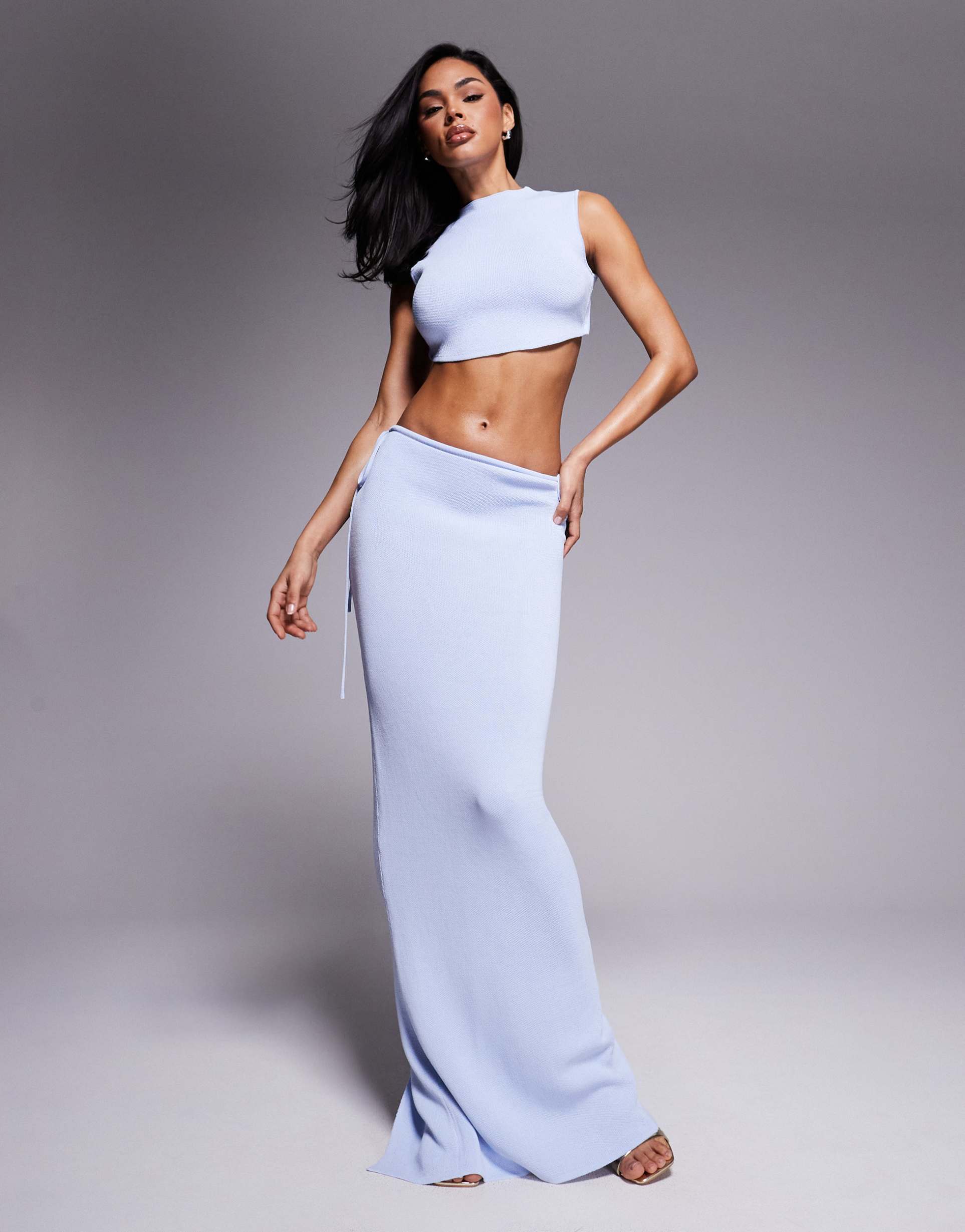 wanderdoll sienna fine knit maxi skirt in baby blue - part of a set