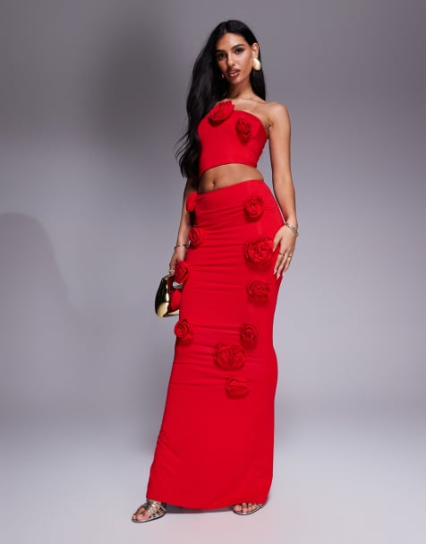 Wanderdoll slinky corsage detail bandeau crop top and slinky corsage detail maxi skirt co-ord in red - RED - view 1