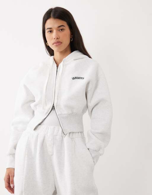 Wanderdoll Sloane felpa con cappuccio corta con zip, in misto cotone, coordinato, grigio mélange chiaro, 1 di 4