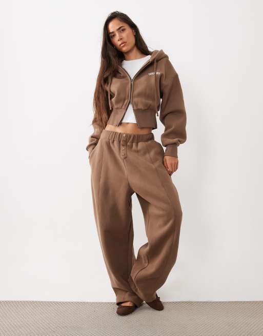 Wanderdoll Sloane premium cotton blend cropped zip through hoodie and jogger in brown, 2 of 3