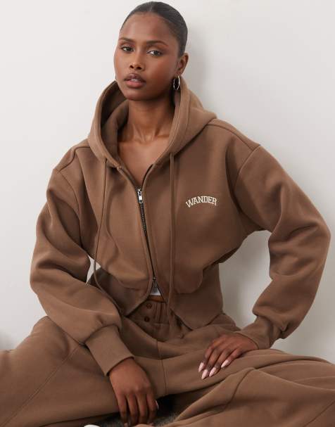 Wanderdoll Sloane premium cotton-blend cropped zip-through hoodie in brown (Part of a set) - view 1