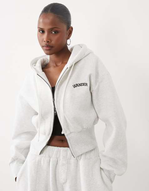 Wanderdoll Sloane premium cropped zip through hoodie in light grey marl (part of a set) - view 1