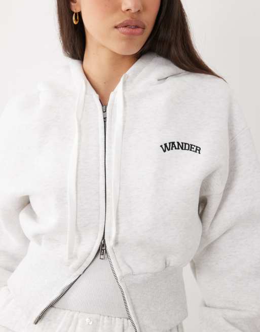Wanderdoll Sloane premium cropped zip-through hættetrøje-sæt i lysegrå meleret, 3 af 4