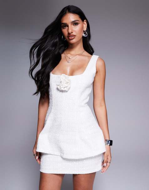 Wanderdoll Sophia sequin boucle square neck corsage detail structured mini dress in white - view 1