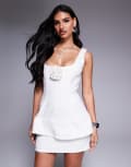 [Wanderdoll] Wanderdoll Sophia sequin boucle square neck corsage detail structured mini dress in white 8 WHITE