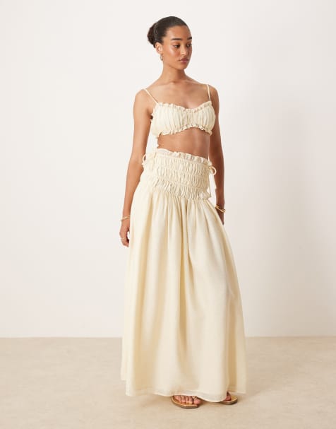 Wanderdoll - Soulie - Coordinato beige effetto lino con brassière arricciata e gonna lunga con vita scesa - view 1