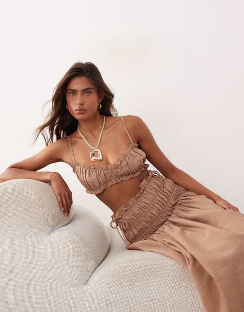 Wanderdoll - Soulie - Crop top d'ensemble froncé effet lin avec liens noués au dos - Moka - view 1