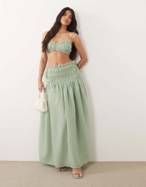 Wanderdoll - Soulie - Ensemble top froncé et jupe aspect lin - Sauge - view 1