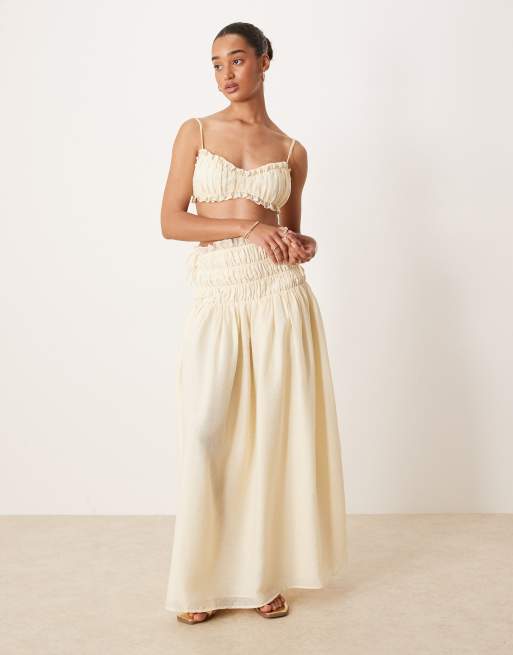 Wanderdoll - Soulie - Gonna lunga effetto lino arricciata beige con vita scesa e laccio