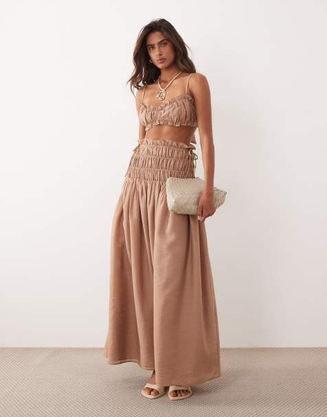Wanderdoll Soulie linen look ruched tie back bralette top and maxi skirt co-ord in mocha - view 1