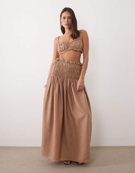 Wanderdoll Soulie linen look ruched tie back bralette top and maxi skirt set in mocha - view 1