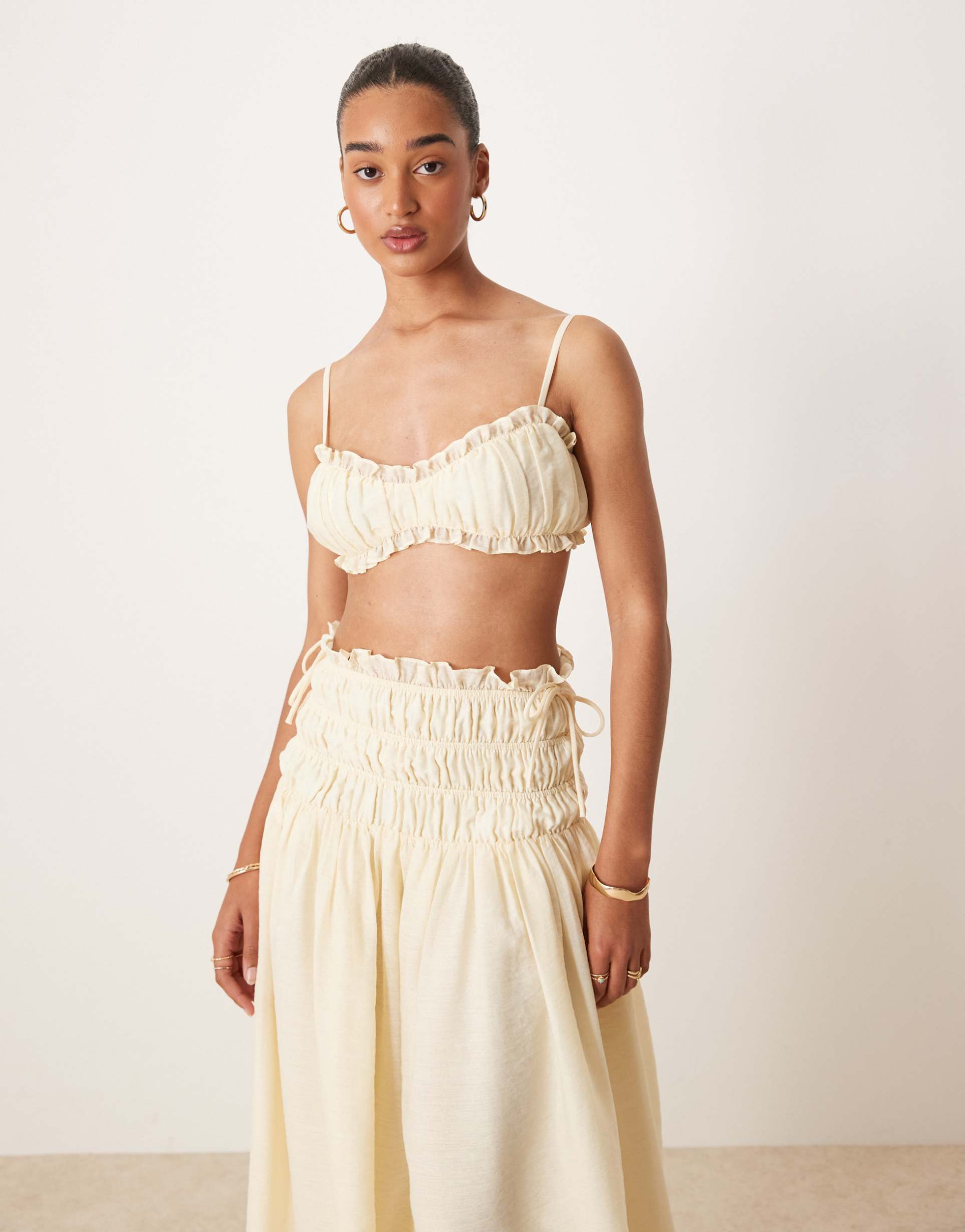 wanderdoll soulie linen look ruched tie back bralette top in beige - part of a set