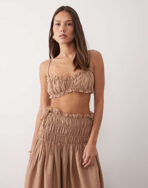 Wanderdoll Soulie linen look ruched tie back crop top co-ord in mocha - view 1