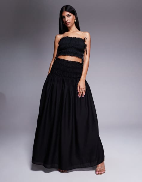 Wanderdoll Soulie linen look ruffle trim tie detail shirred bandeau top co-ord in black - view 1