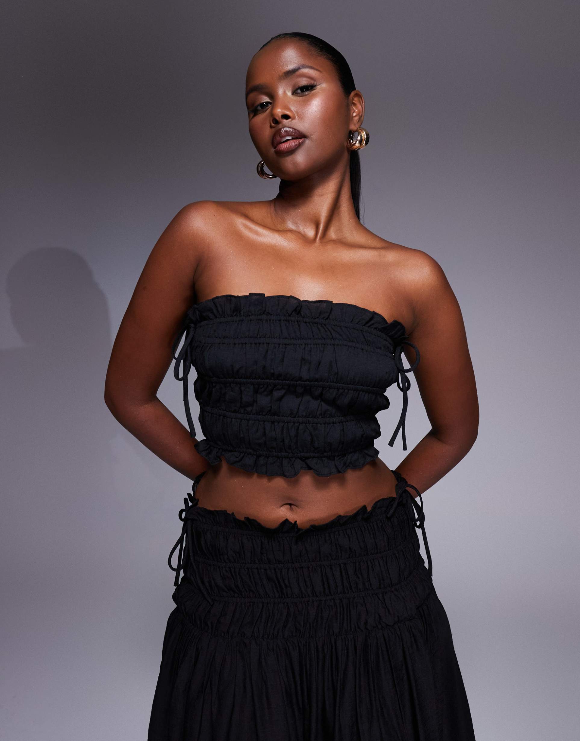 wanderdoll soulie linen look ruffle trim tie detail shirred bandeau top in black - part of a set