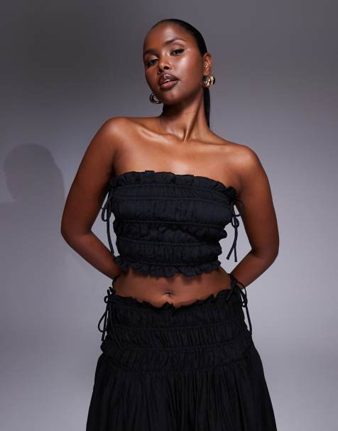 Wanderdoll Soulie linen look ruffle trim tie detail shirred bandeau top co-ord in black