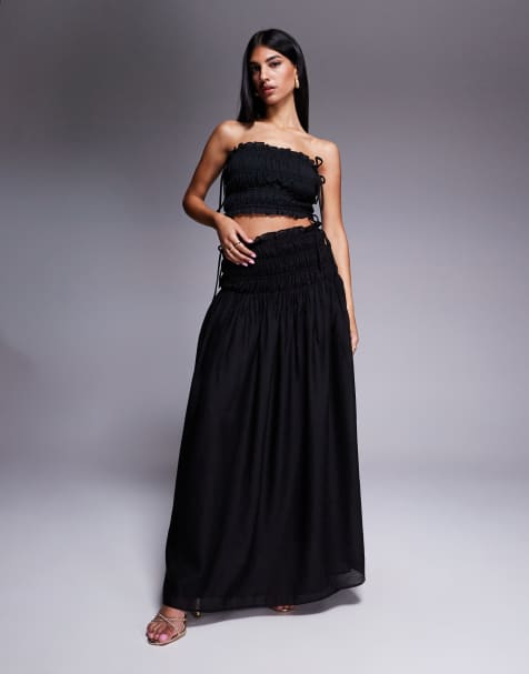 Wanderdoll Soulie linen look ruffle trim tie detail shirred dropped waist maxi skirt co-ord in black - view 1