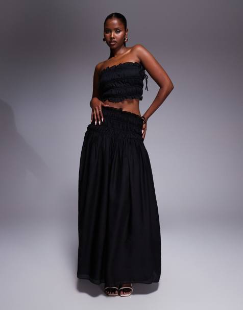 Wanderdoll Soulie linen look ruffle trim tie detail shirred dropped waist maxi skirt co-ord in black