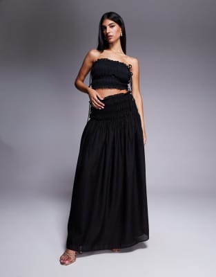 Soulie linen look ruffle trim tie detail shirred dropped waist maxi skirt in black - part of a set