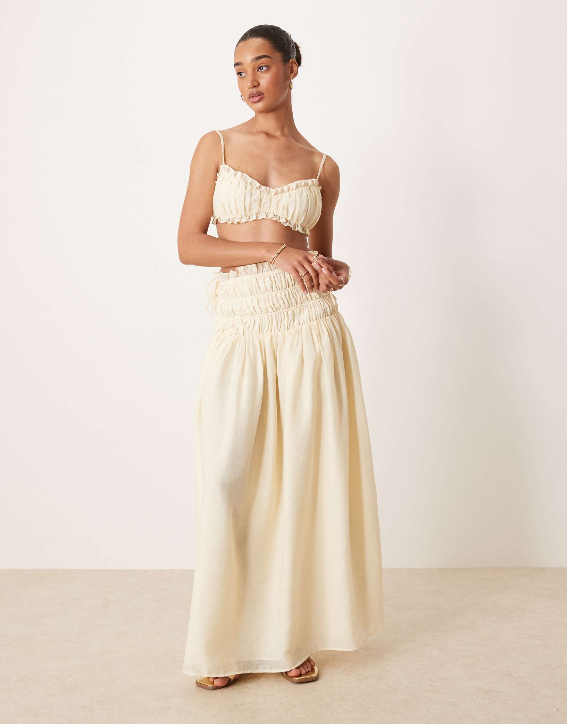 wanderdoll soulie linen look shirred dropped waist tie detail maxi skirt in beige - part of a set