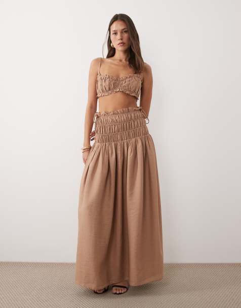 Wanderdoll Soulie linen look shirred dropped waist tie detail maxi skirt in mocha (part of a set) - view 1
