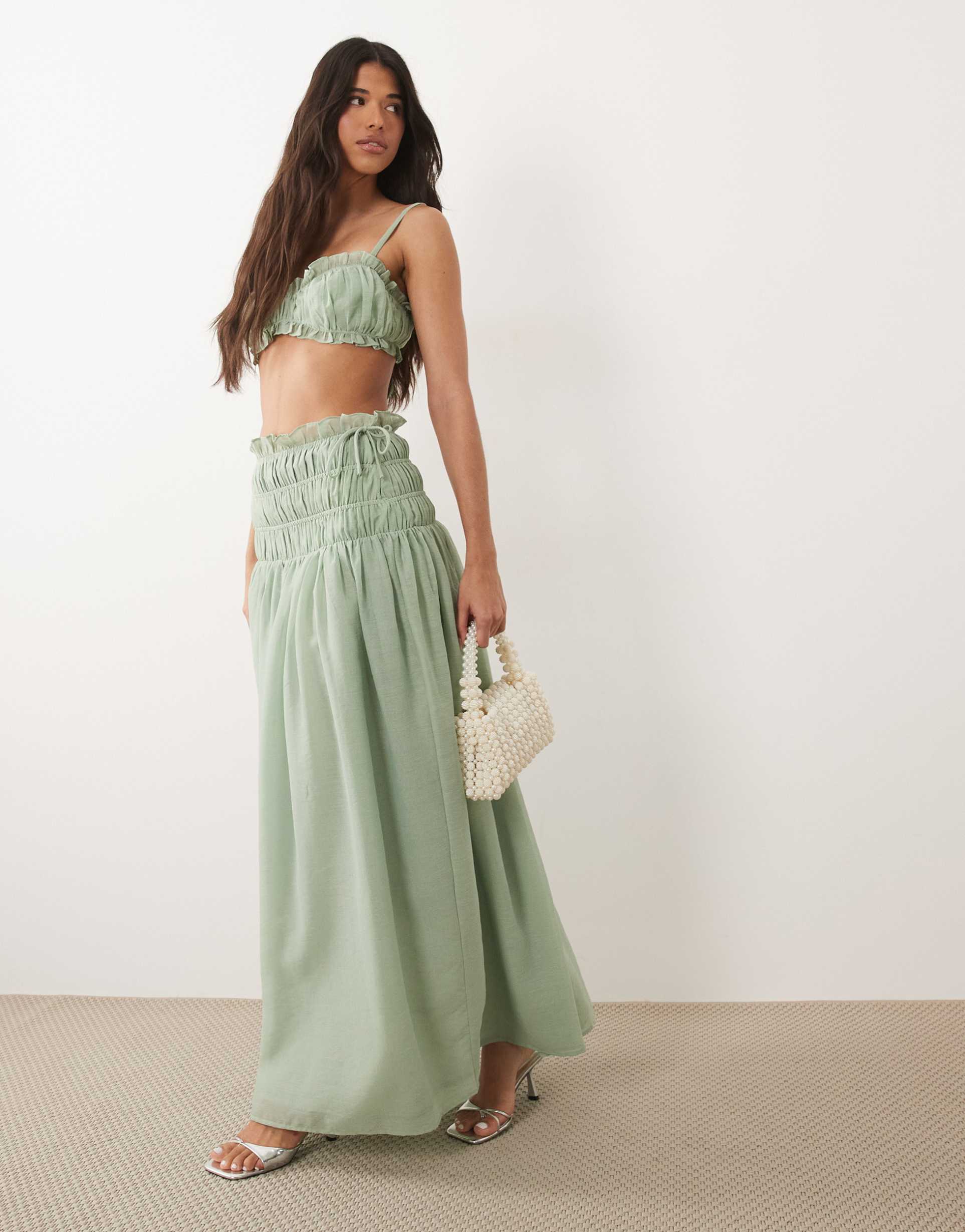 wanderdoll soulie linen look shirred dropped waist tie detail maxi skirt in sage - part of a set