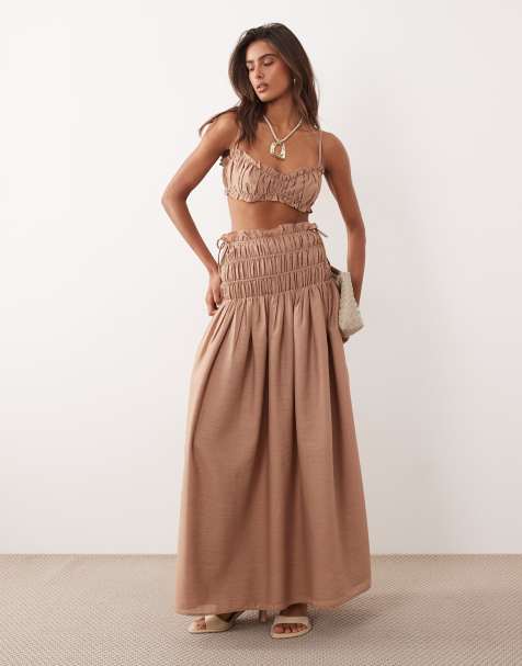Wanderdoll Soulie linen look shirred dropped waist tie detail maxi skirt co-ord in mocha
