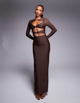 Wanderdoll Wanderdoll Stassie exclusive cut out bodycon maxi dress in chocolate-Brown