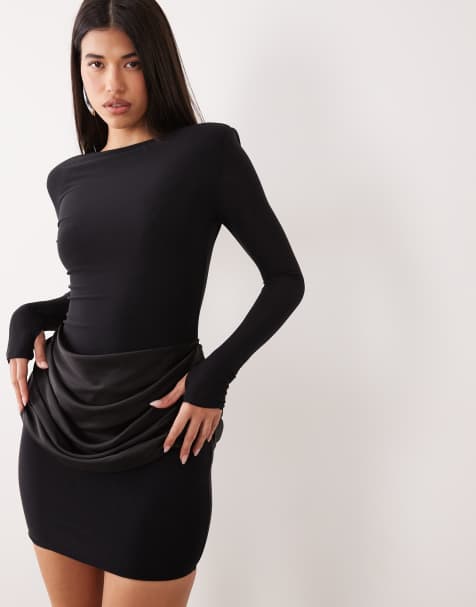 Wanderdoll Storm sculpted shoulder pad detail satin drape waist mini dress in black - view 1