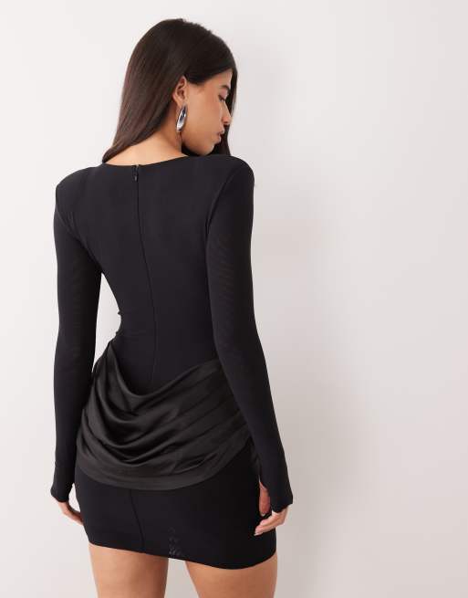 Wanderdoll Storm sculpted shoulder pad detail satin drape waist mini dress in black, 4 of 4