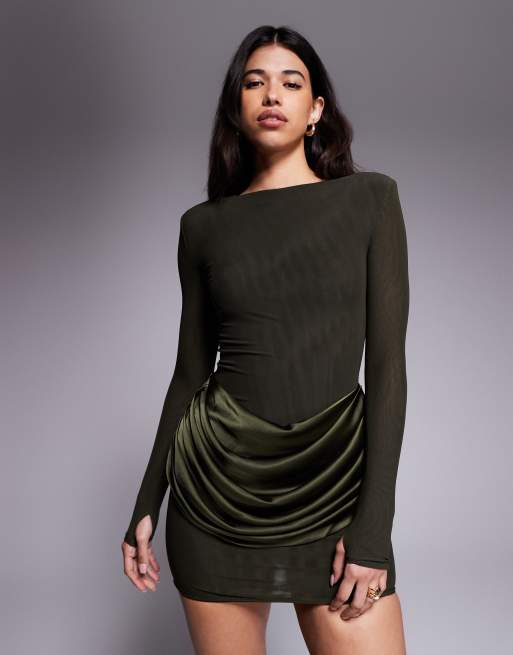 Wanderdoll Storm sculpting shoulder pad detailing satin drape waist mini dress in forest green