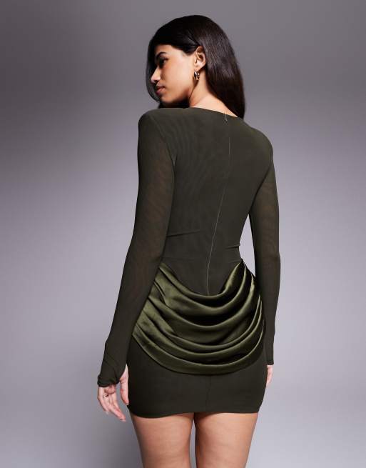 Wanderdoll Storm sculpting shoulder pad detailing satin drape waist mini dress in forest green