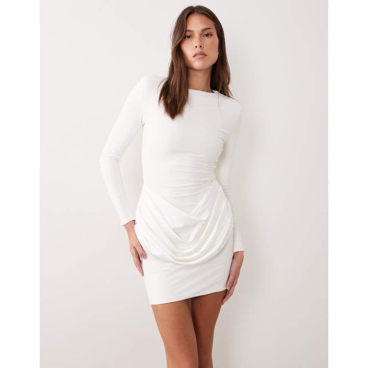 white satin long sleeve mini dress Six Stories Bridal long sleeve satin cowl back mini dress in ivory