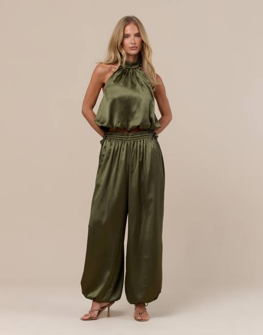 Wanderdoll Summa satin high neck halterneck bubble hem top and trousers co-ord in olive, 3 of 3