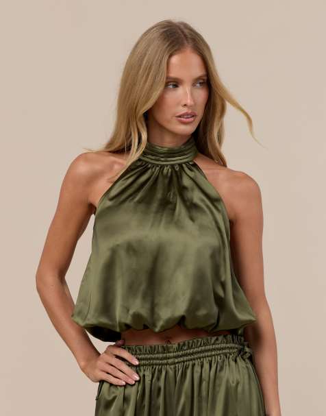 Wanderdoll Summa satin high neck halterneck bubble hem top co-ord in olive - view 1