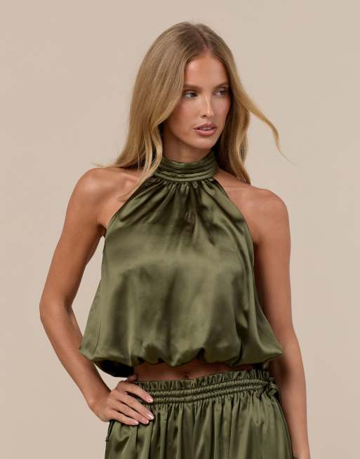Wanderdoll Summa satin high neck halterneck bubble hem top and pants set in olive, 2 of 3