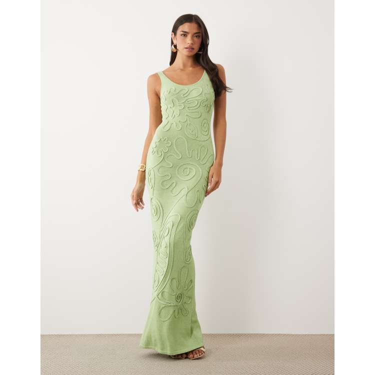 Wanderdoll Sunnie knit abstract detail tie back maxi dress in sage