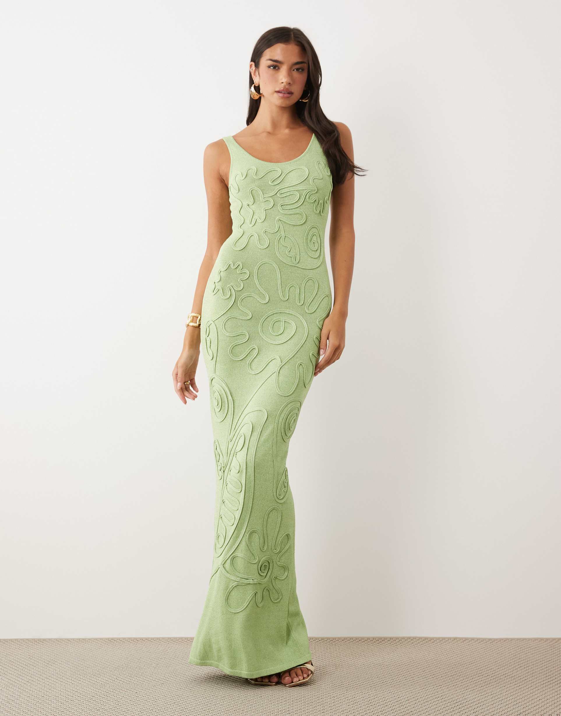 wanderdoll sunnie knit abstract detail tie back maxi dress in sage
