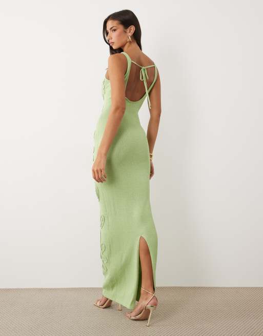 Wanderdoll Sunnie knit abstract detail tie back maxi dress in sage, 4 of 4
