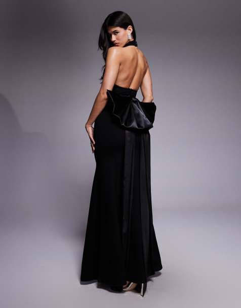 Wanderdoll Sutherland halterneck oversized bow sash fishtail maxi dress in black - view 1