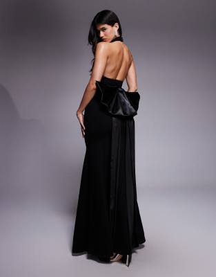 Wanderdoll - Sutherland - Neckholder-Maxikleid in Schwarz mit Oversize-Schleife, Schärpe und Meerjungfrauensaum-Grün