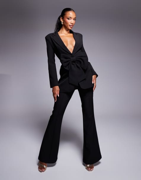Wanderdoll tailored oversized bow detail blazer and flared trousers co-ord in black - view 1