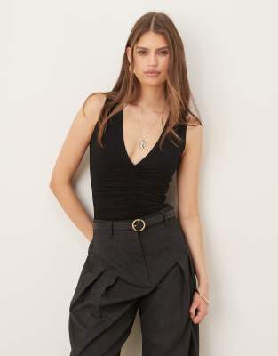 Wanderdoll Tate Sculpting Second Skin Plunge Neck Ruched Detail Sleeveless Bodysuit In Black