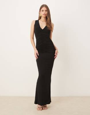 Wanderdoll Tate Sculpting Second Skin Plunge Neck Ruched Detail Sleeveless Maxi Dress In Black